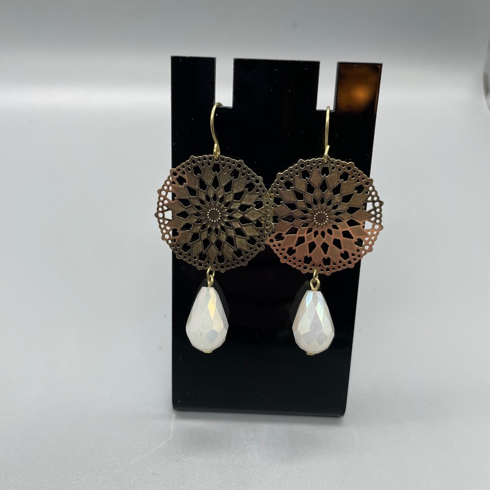 Gold Filigree Mandala‎ Drop Earrings Iridescent White Teardrop Bead Boho Dangle